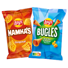 Lay's hamka's, wokkels, bugles, mama mia's, pomtips, ringlings, grills of Cheetos